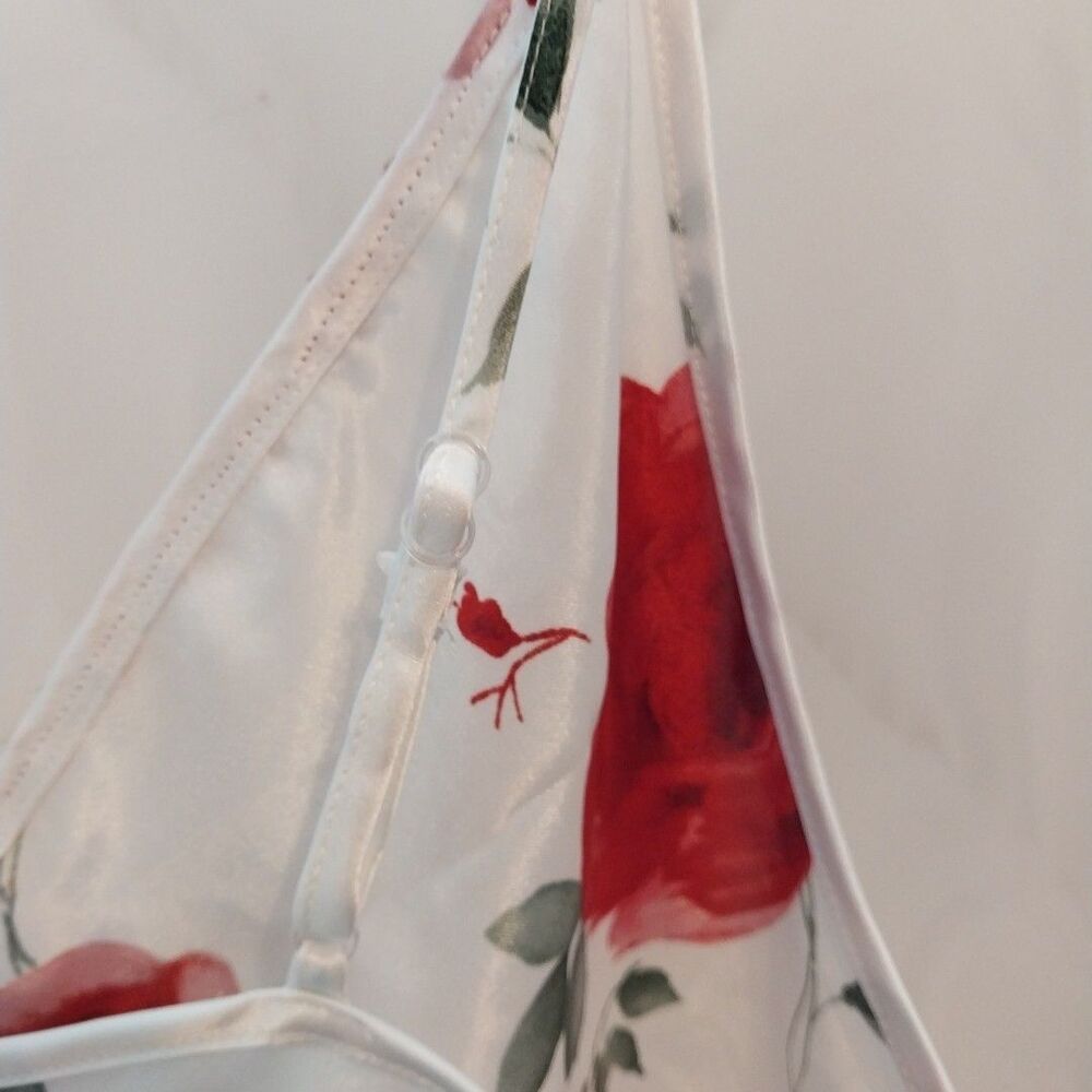 White Satin Cami L Red Rose Floral Front Tie Lingerie Style Fairycore Y2K - Picture 4 of 8